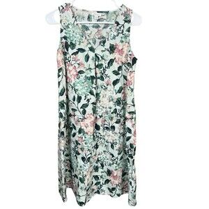 J Jill Love Linen XS A Line Shift Dress Green Pink Hydrangea‎ Floral Casual
